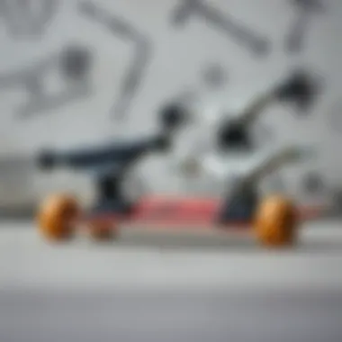 A skateboard with different trucks mounted, displaying how they affect ride dynamics.