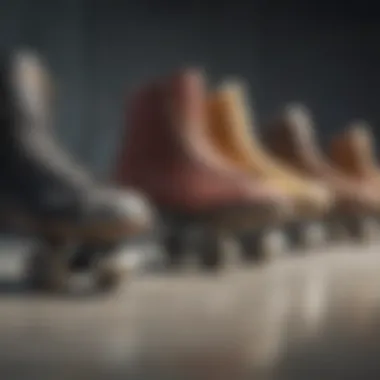 An array of different skates lined up for comparison