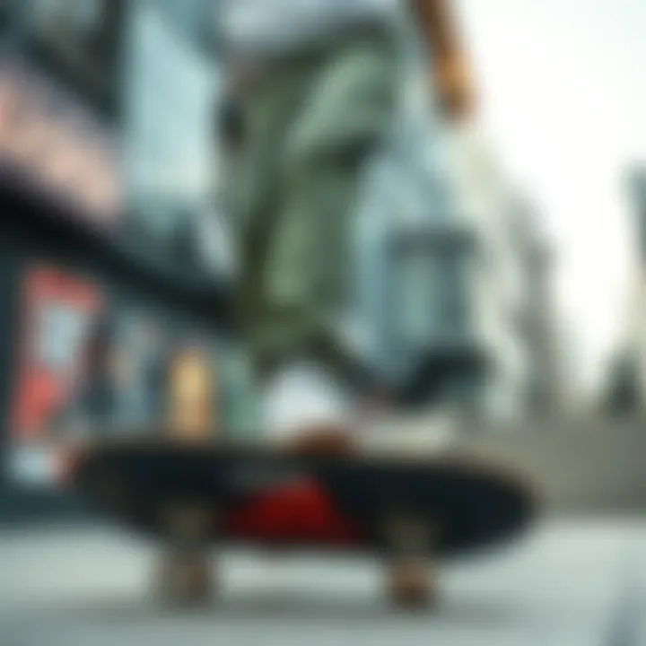 adidas olive green pants in an urban skateboarding environment