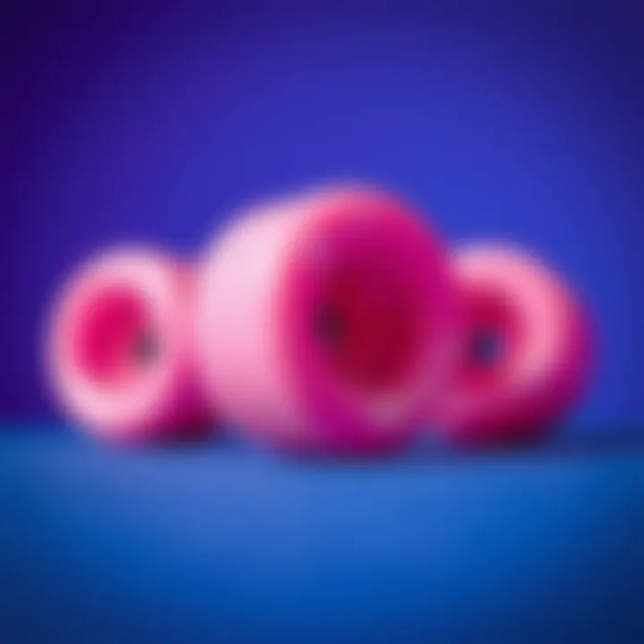 Artistic representation of pink skateboard wheels against a vibrant background.