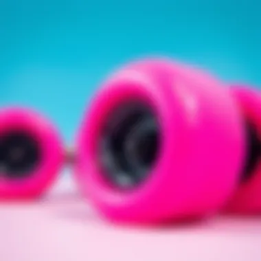 Close-up view of vibrant pink skateboard wheels showcasing their glossy finish.