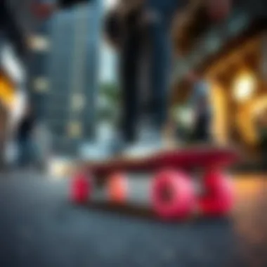 Skateboard with pink wheels performing tricks in an urban setting.