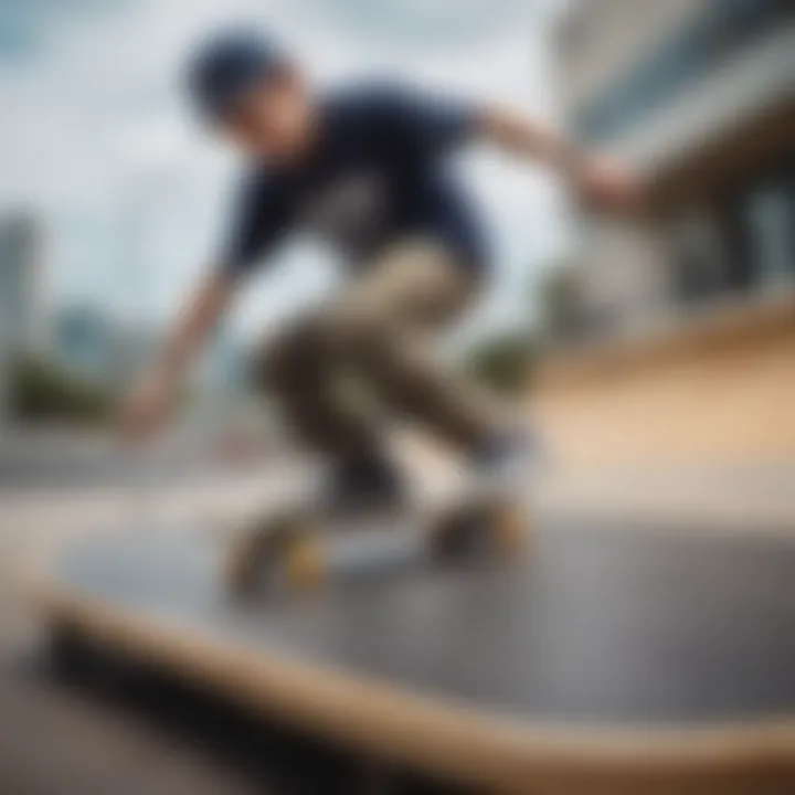 A skater using a Tech Deck on a mini skate ramp