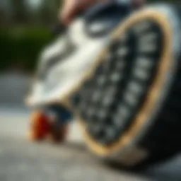 Close-up of a skateboard shoe showcasing unique tread patterns