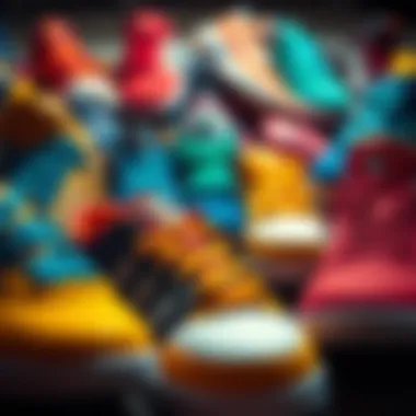 A collection of skate shoes in various vibrant colors