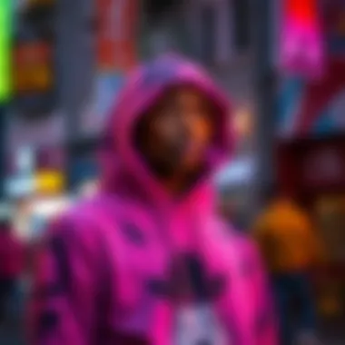 An individual sporting a graphic hoodie in a vibrant street setting