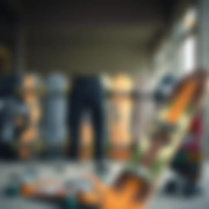 Cultural Arrangement with Skateboards Stylish arrangement of black zipper cargo pants with skateboards