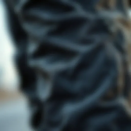 Close-up of textured fabric on black zipper cargo pants