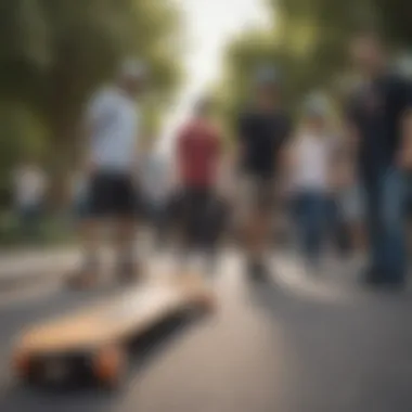 Group of skateboard enthusiasts discussing electric skateboards and their impact on community.