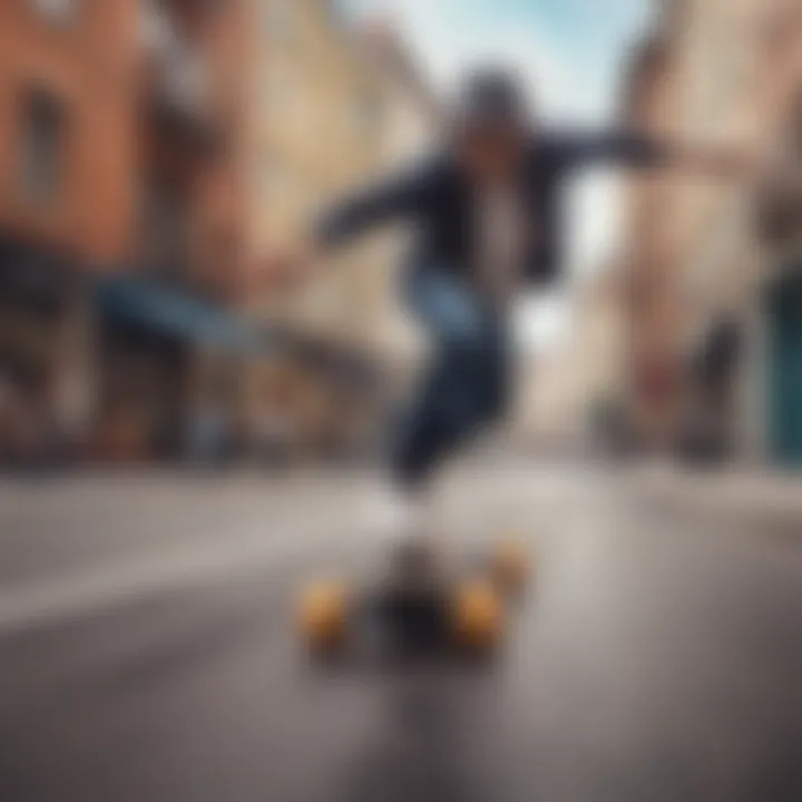 User riding the Blitzart electric skateboard in an urban environment, demonstrating performance.