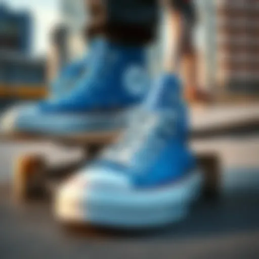 Blue Converse on Skateboard Deck A close-up of blue Converse shoes on a skateboard deck