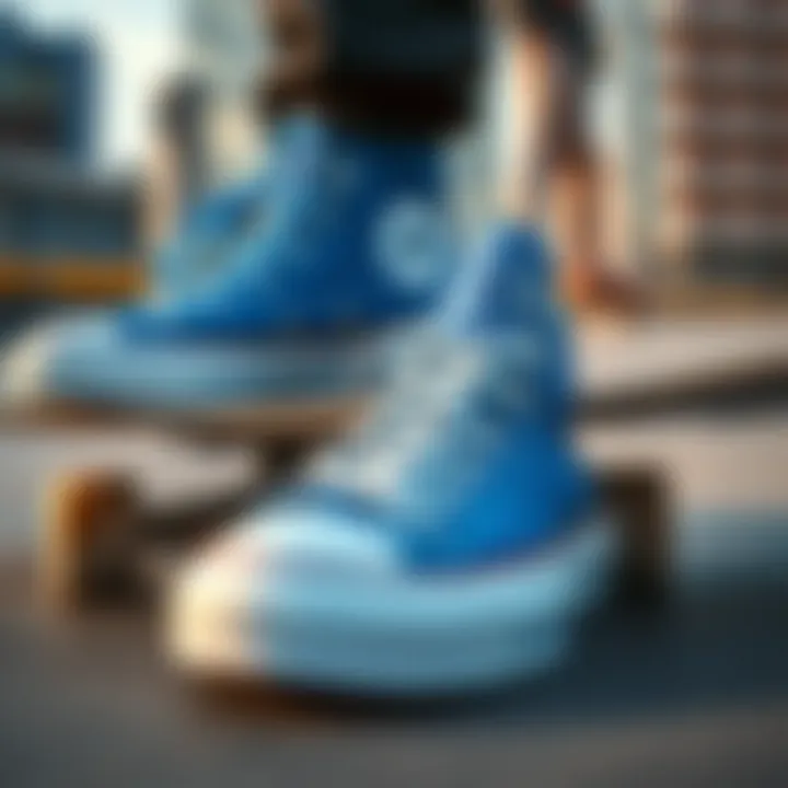 Blue Converse on Skateboard Deck A close-up of blue Converse shoes on a skateboard deck