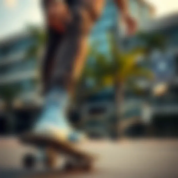 Urban Skateboarder in Blue Converse A stylish skateboarder wearing blue Converse in an urban setting