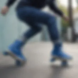 Skateboarder performing a trick wearing blue skating shoes