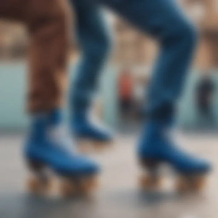 Group of skaters discussing blue skating shoe styles