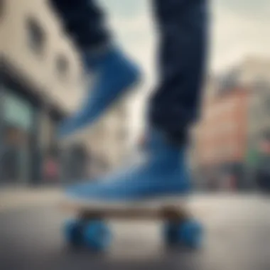 Blue skating shoes on a skateboard against an urban backdrop