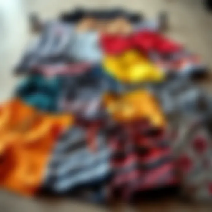 An array of vibrant broad shorts laid out, highlighting different patterns and colors.