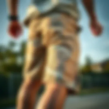 A close-up of a skateboarder wearing broad shorts, showcasing the fabric texture and design.