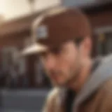 A stylish brown snap back cap worn by a skateboarder in action.