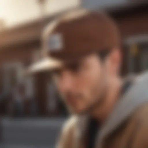 A stylish brown snap back cap worn by a skateboarder in action.