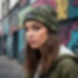 Stylish camo beanie with brim showcased on a graffiti wall