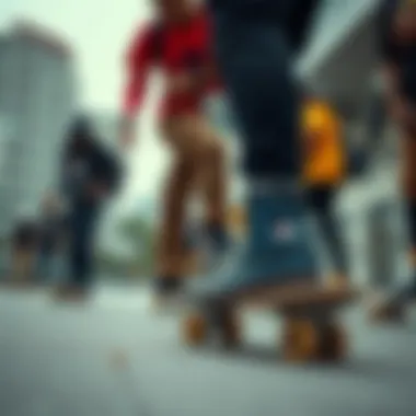 Group of skaters wearing Champion boots in an urban setting