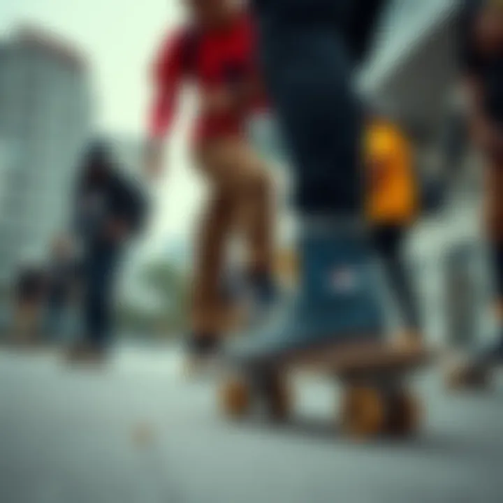 Group of skaters wearing Champion boots in an urban setting