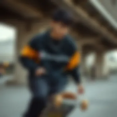 Urban Skateboarding with Champion Sweatshirt Skateboarder wearing Champion sweatshirt in an urban setting.