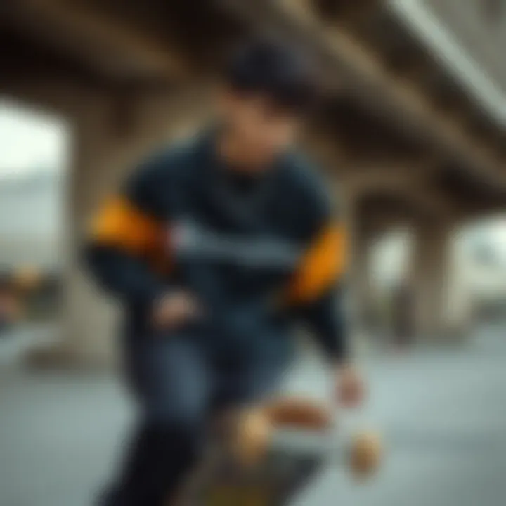 Urban Skateboarding with Champion Sweatshirt Skateboarder wearing Champion sweatshirt in an urban setting.