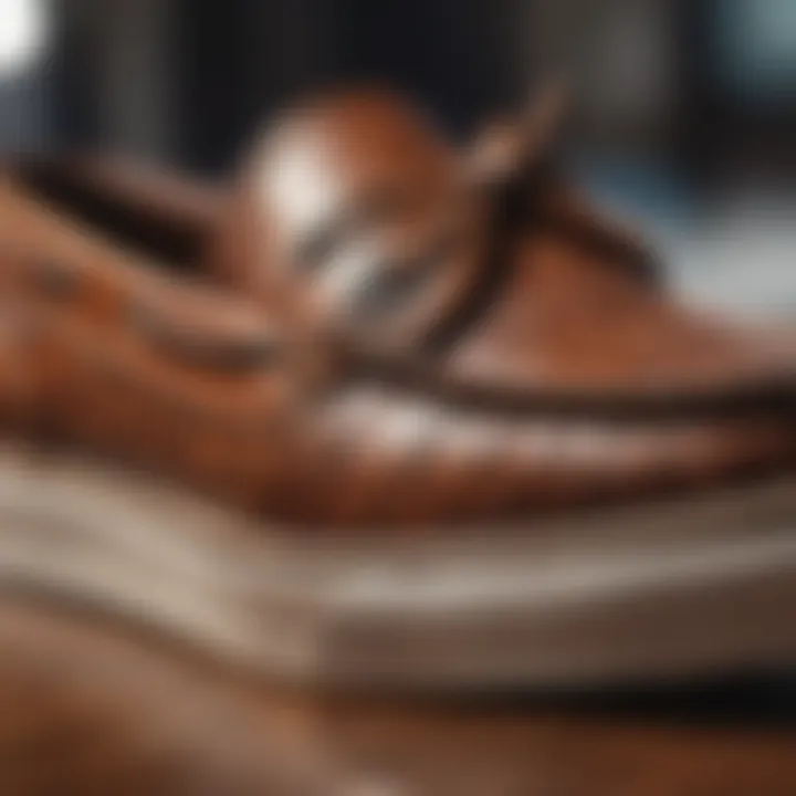 A close-up of a classic boat shoe, highlighting its intricate stitching and texture.