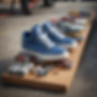 A neatly organized maintenance kit for cobalt shoes displayed on a skate ramp.