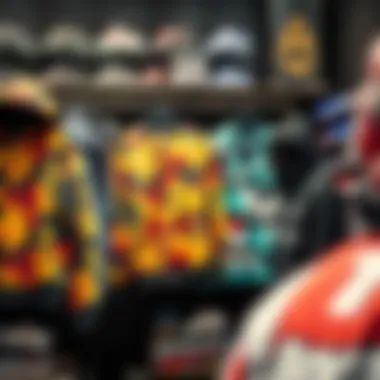 Trendy Display of Fashion Influence A collection of all-over print jackets displayed in a trendy skate shop, representing brand influence in fashion.