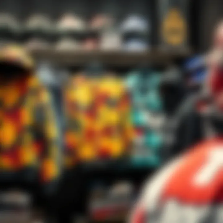 Trendy Display of Fashion Influence A collection of all-over print jackets displayed in a trendy skate shop, representing brand influence in fashion.