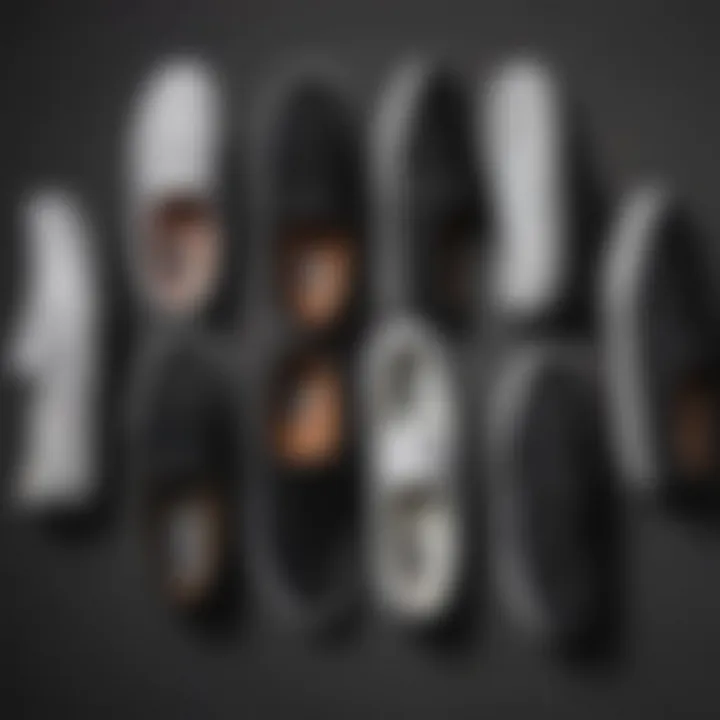 A collection of various styles of black slip-on Vans displayed against a vibrant background.