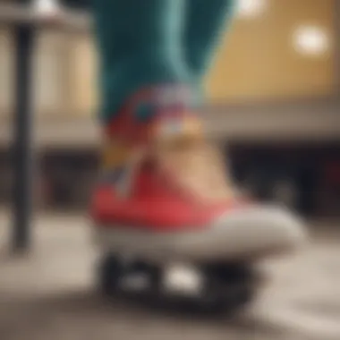 Close-up of colorful socks peeking from skate shoes