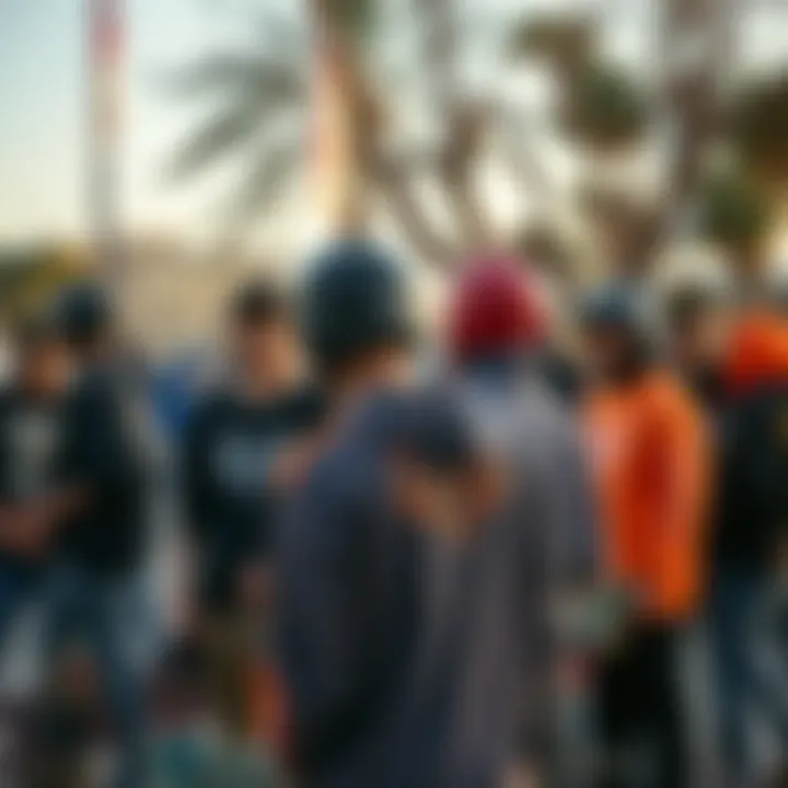 A group of skateboarders gathered, all sporting Fox long sleeve shirts.