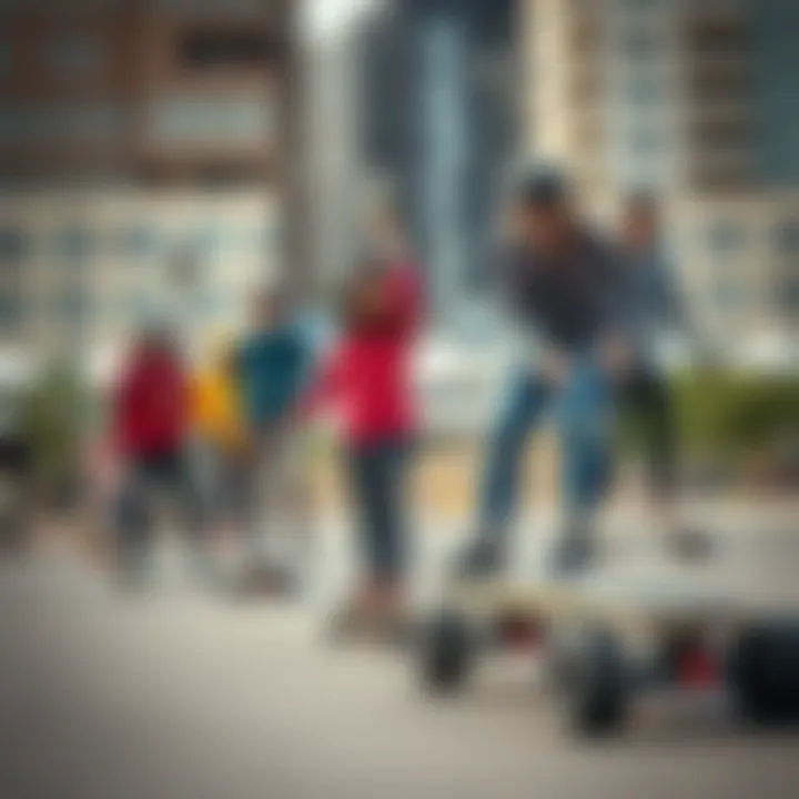 Diverse Riders Enjoying Electric Skateboards A diverse group of riders enjoying their electric skateboards in an urban setting.