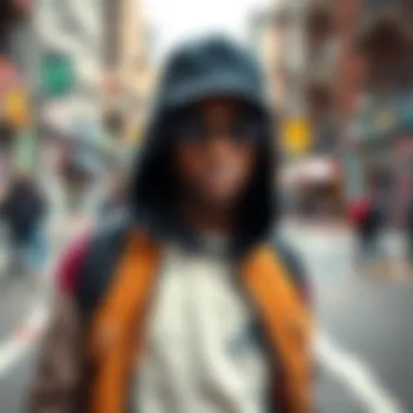 Streetwear fashion showcase at a vibrant urban backdrop