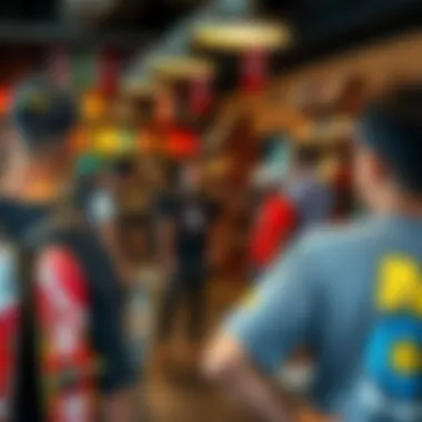 A group of skateboarders engaging with each other in a local skateshop environment