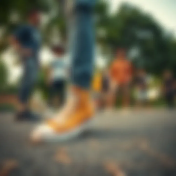 A group of friends in a park, all wearing Converse All Star Tan shoes, exuding skate culture