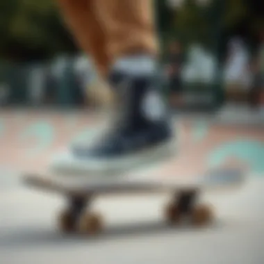 Skateboarder wearing Converse platform boots in action at a skate park