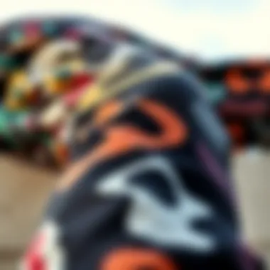 Close-up of unique fabric patterns on skate sweatpants