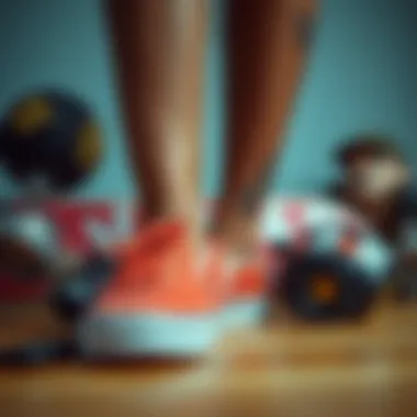 A stylized arrangement of Coral Slip-On Vans with skateboard accessories