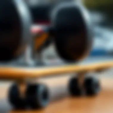 Close-up of skateboard components such as wheels and trucks