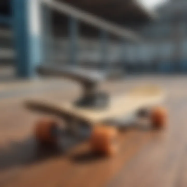 A close-up of skateboard trucks mounted on a deck, highlighting their functionality and style.