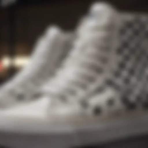 Close-up of white checkered high top Vans showcasing their intricate pattern and design.