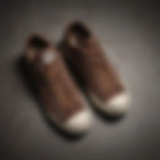 A close-up view of dark brown Converse low top sneakers on a skateboard.