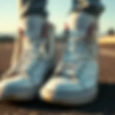 Design Elements and Style Close-up of white high-top shoes showcasing design details