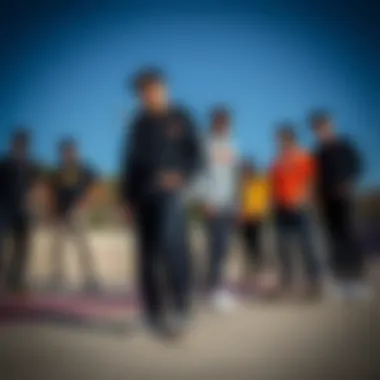 A group of friends at a skate park, showcasing diverse styles while wearing Dickies Flex Black Slim Chino Work Pants.