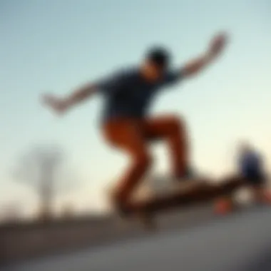 Dynamic Skateboarding in Dickies Skateboarder performing tricks in Dickies long pants